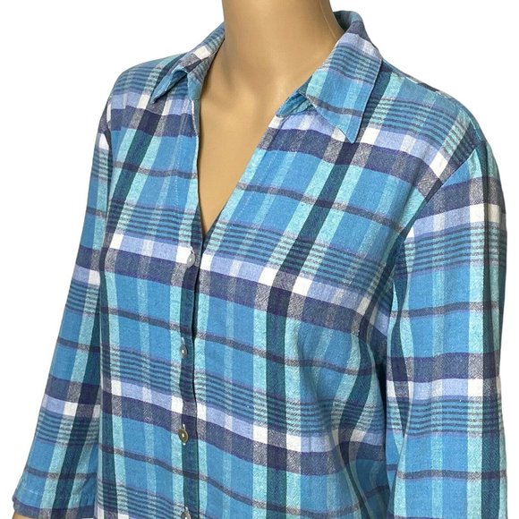 Jordan Womens XL Linen Blend Blue Plaid 3/4 Sleeve Button Up V-Neck Blouse Shirt - Picture 4 of 9